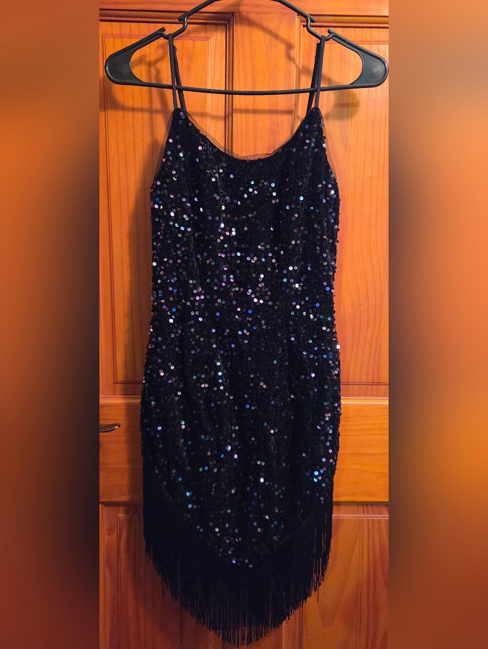 Yessa black flapper cocktail sequin fringed hem mini dress Small
